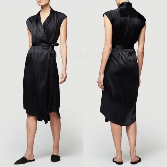 FRAME Ibiza Satin Wrap Dress in Black - Picture 1 of 12